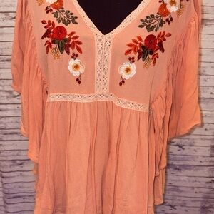 Bluivy Coral Floral Embroidered Blouse